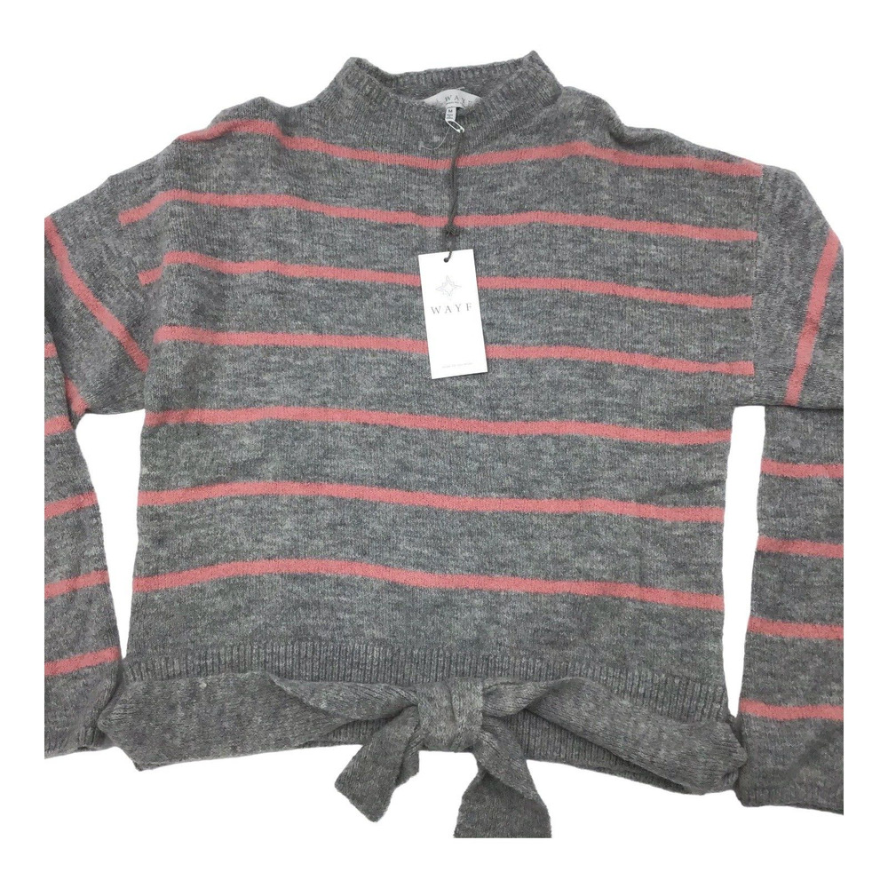 WAYF Womens Large Sweater Gray Pink Stripe Mock Neck Tie Waist Nordstrom NWT